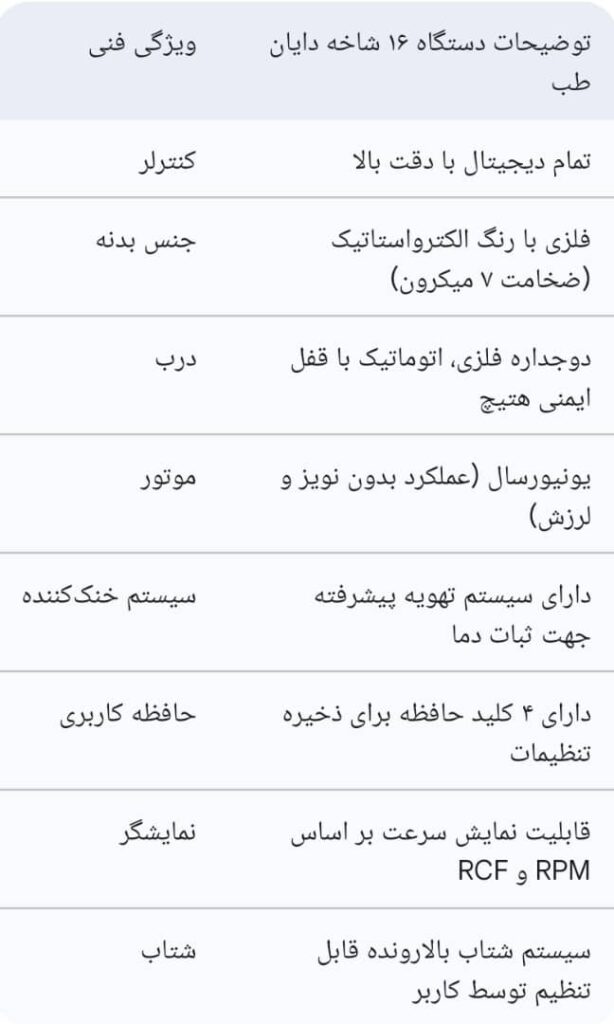ویژگی های فنی سانتریفیوژ ۱۶ شاخه دایان طب